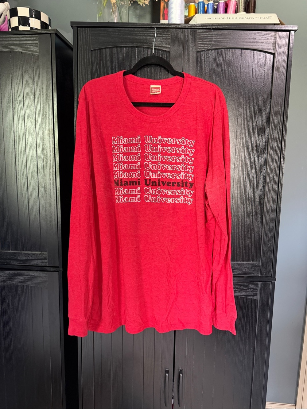 HOMAGE Red Long-Sleeve Tee with Repeated Miami University Print size 2XL